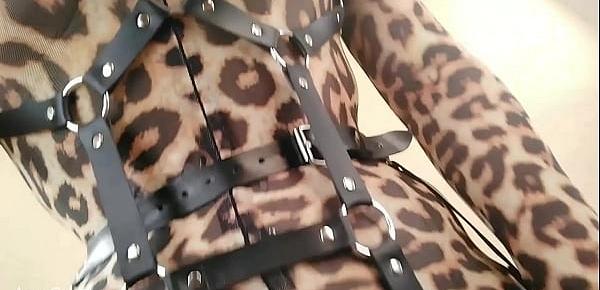  Spandex Lejpard Catsuit and leather harness with thigh high boots, backstage video